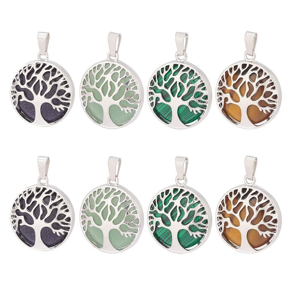 6465 8pcs 4 Styles Tree of Life Pendant, Crystal Stone Charms Natural